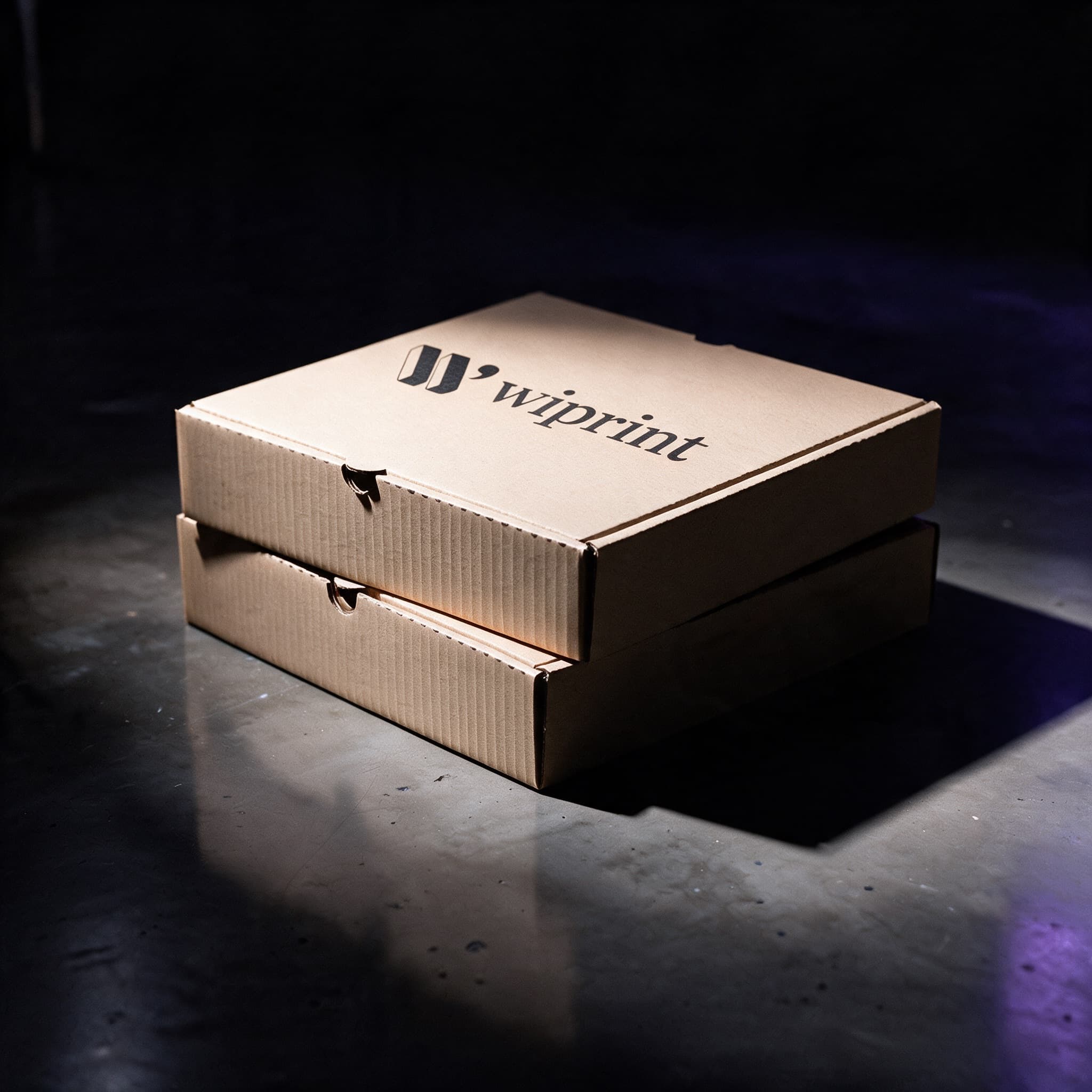 A kraft shipping box branded with the WiPrint mark, lit from the side in a dark studio