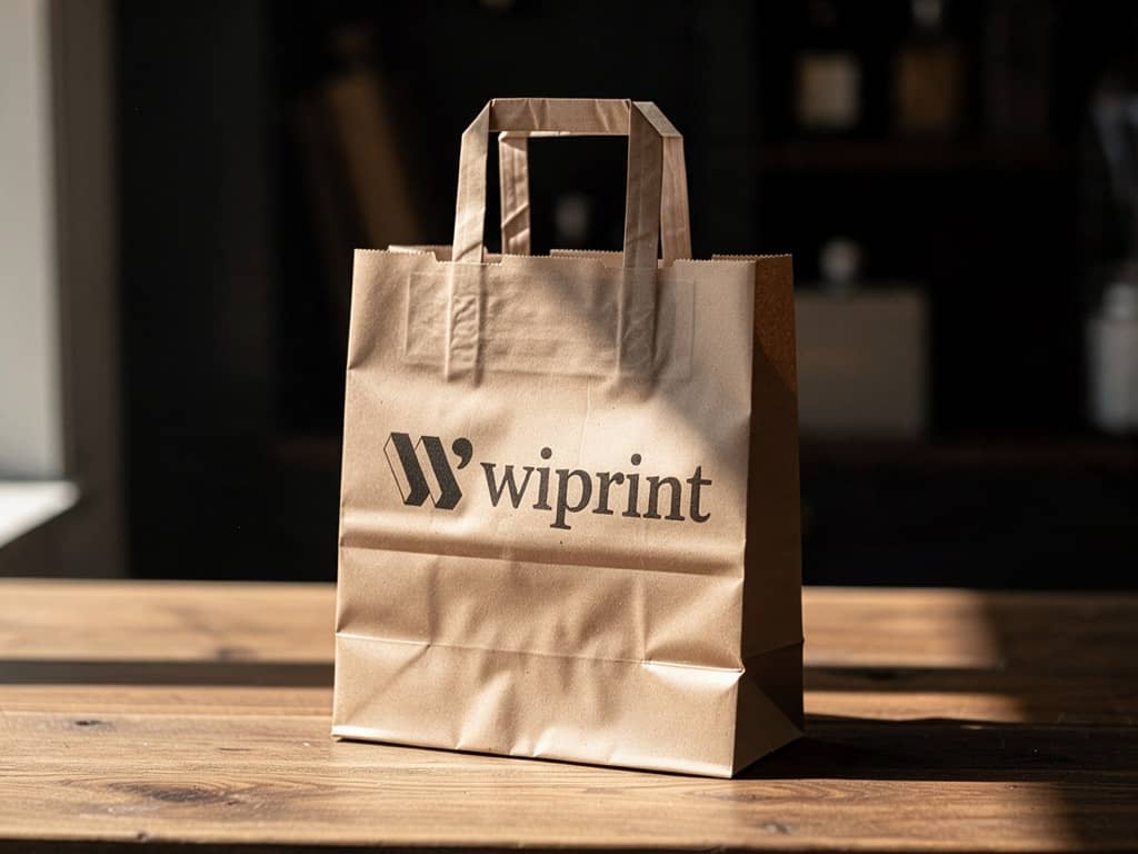 A kraft paper bag printed with the WiPrint logo, standing on a wooden table in warm daylight.