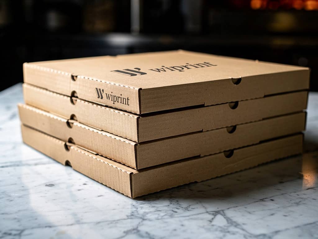 Four kraft pizza boxes printed with the WiPrint logo, stacked on a marble counter.