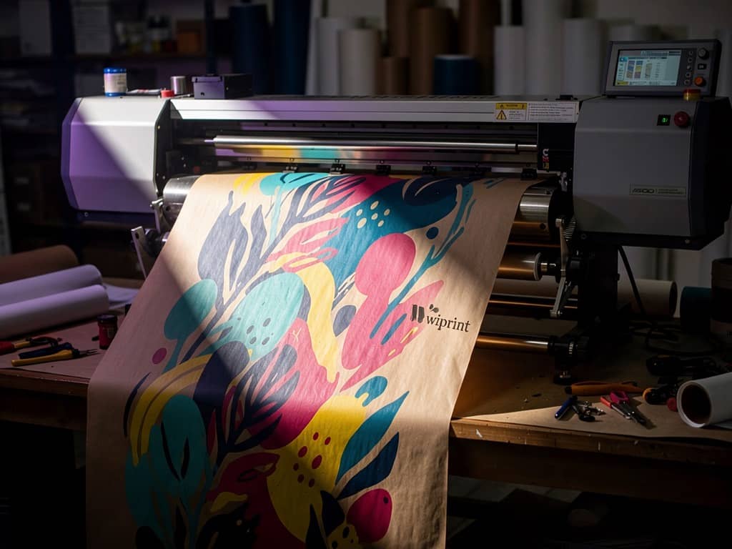 A wide-format press running a full-colour floral design onto a roll of kraft paper in the WiPrint studio.