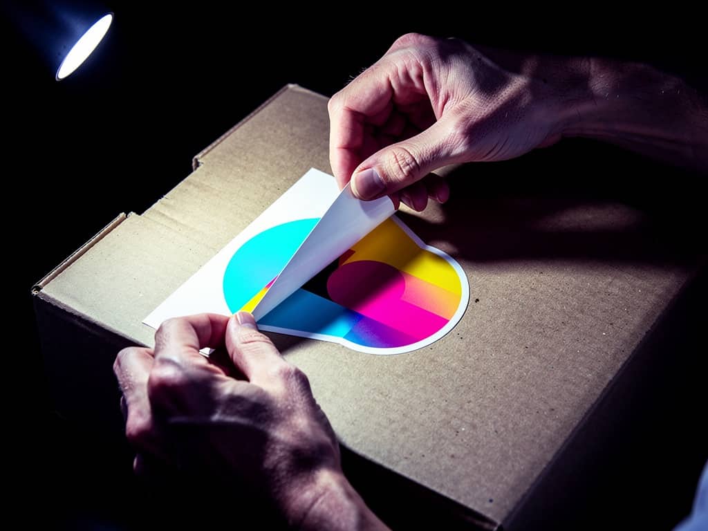 Hands peeling a die-cut CMYK sticker off its backing sheet onto a cardboard box.
