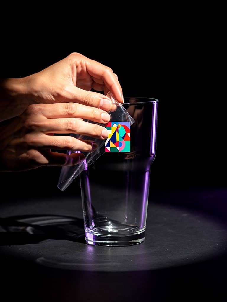 Hands applying a colourful UV DTF transfer to the side of a drinking glass.