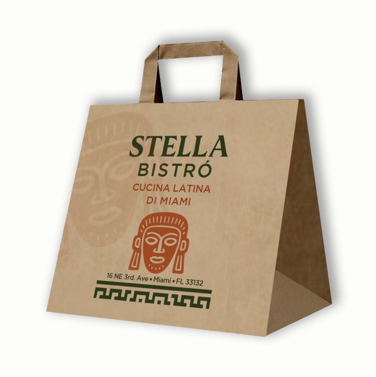 A kraft bag showing the Stella Bistró crest and a Greek-key border