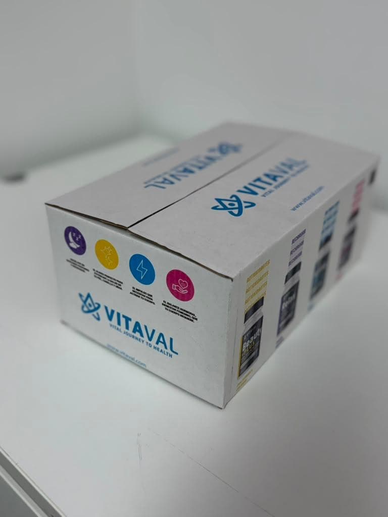 White VITAVAL shipping cartons printed with product panels